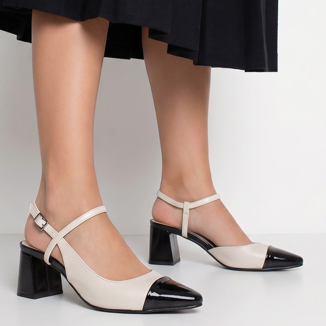 Zapatillas beige con negro destalonadas para mujer de punta fina con correas cruzadas y tacón medio de 7cm