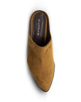 Vista superior de punta fina en la zapatilla café tipo mule para dama y tacón bajo 6cm 