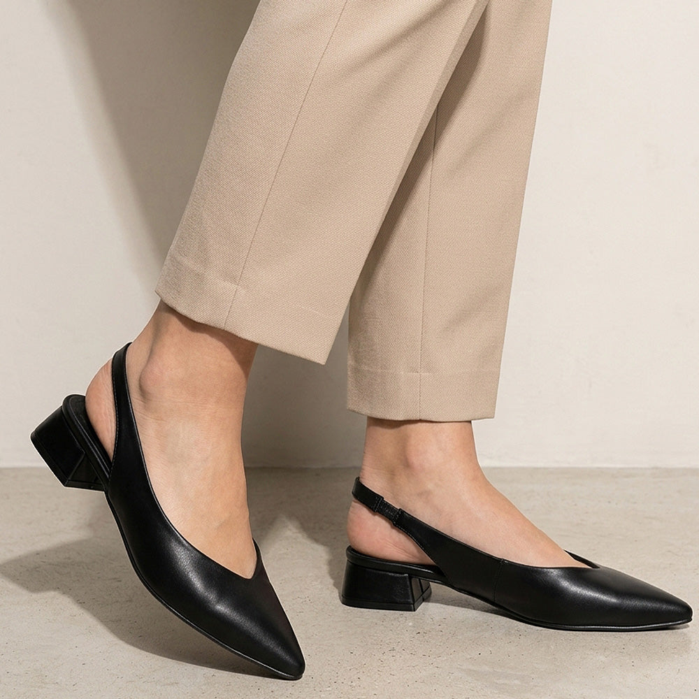 Zapatillas negras para dama con punta fina y tacón bajo 4cm de pulsera al talón 