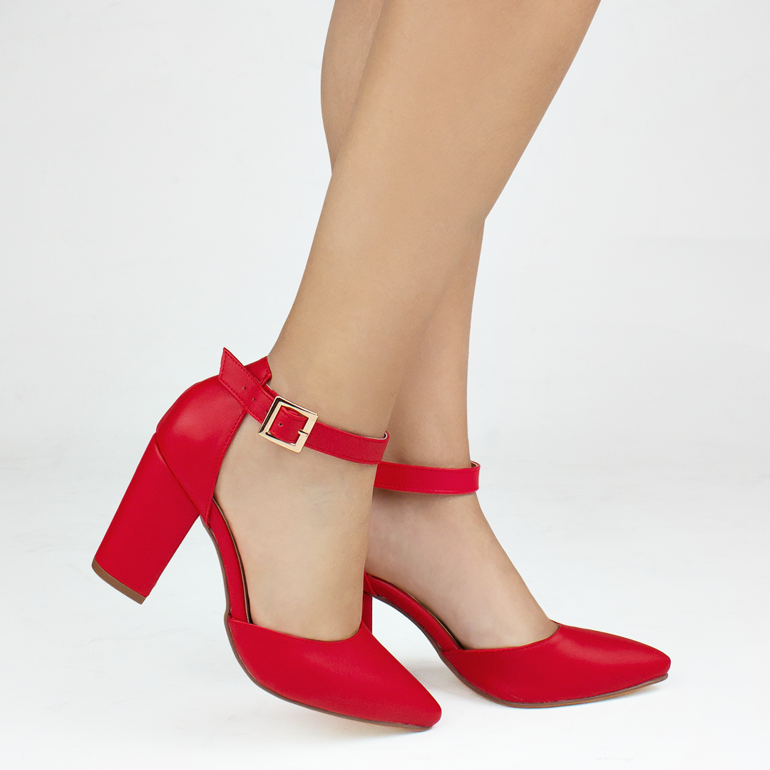 Zapatillas rojas para mujer con tacón bloque de 8cm y punta cerrada fina 