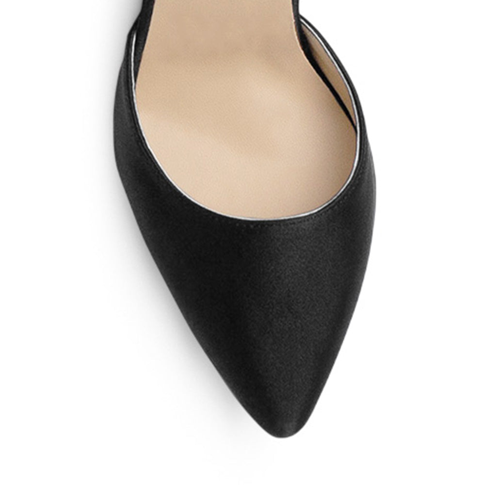 Vista de material shantung en zapatilla negra para mujer con punta cerrada fina tacón bloque de 8cm y pulsera ajustable