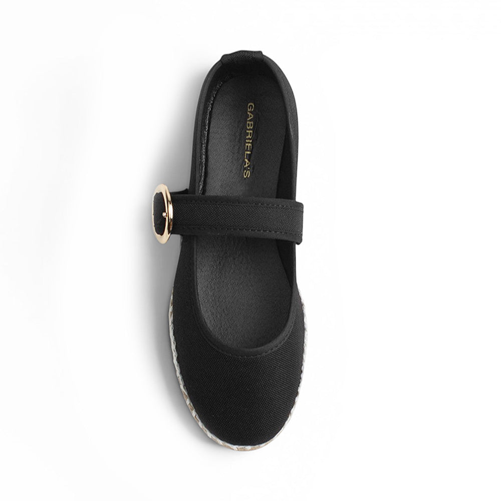 Vista superior de alpargatas color negro con pulsera de piso para mujer 