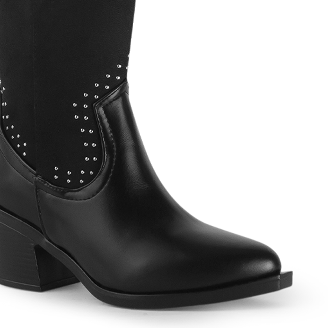 Bota Negro Mujer Casual Vaquera Estoperoles Moda Tacon Ancho 3201385