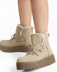 Botas Beige Dama Invierno Agujetas Peluche Comodas Casual 3201414