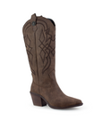 Bota Cafe Bordada Vaquera Mujer Tacon Ancho Puntal Moda 3402878