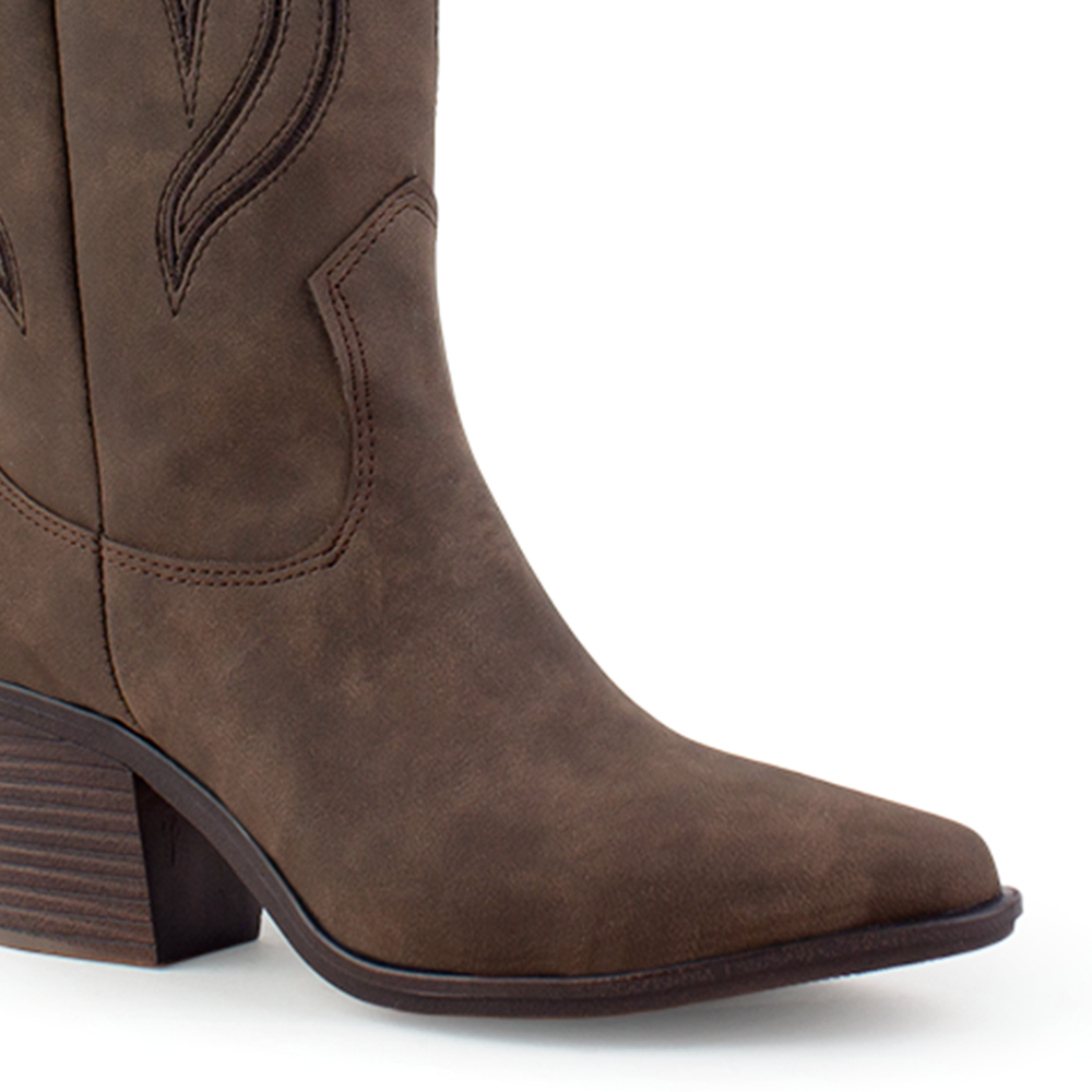 Bota Cafe Bordada Vaquera Mujer Tacon Ancho Puntal Moda 3402878