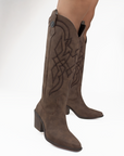 Bota Cafe Bordada Vaquera Mujer Tacon Ancho Puntal Moda 3402878