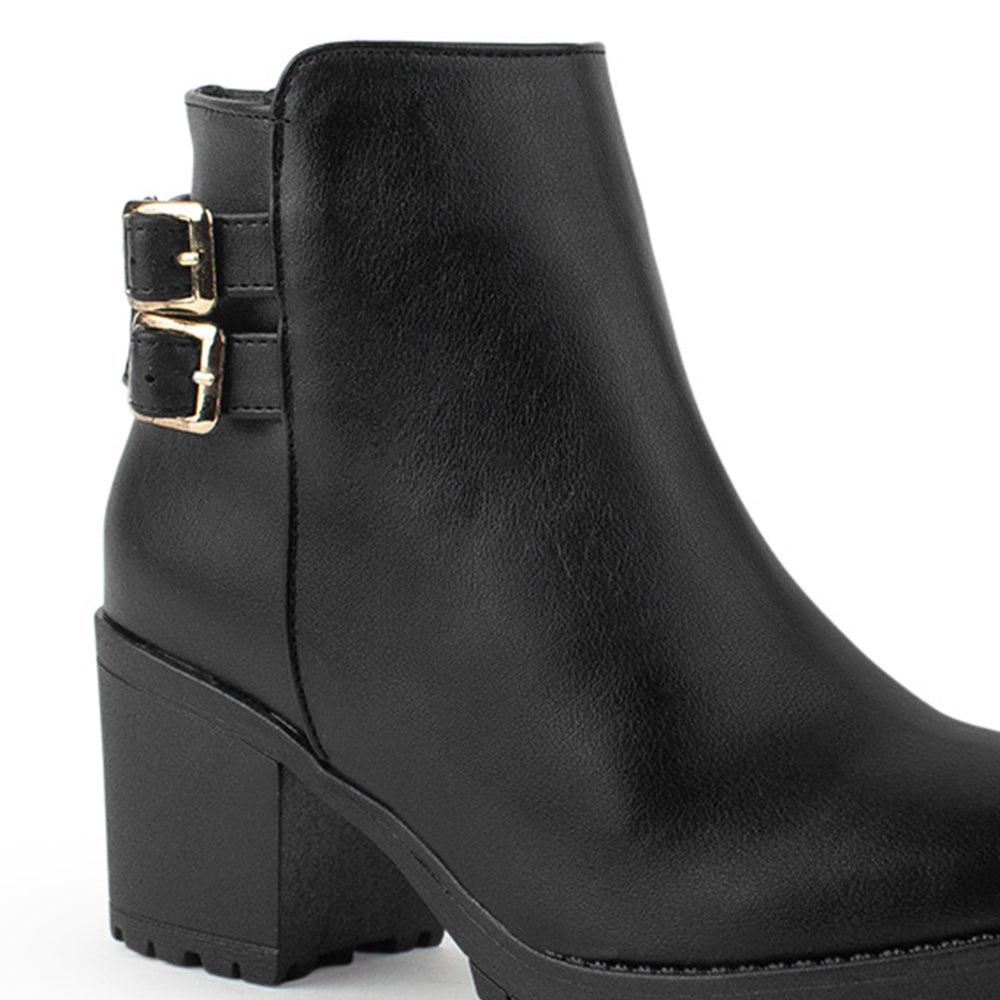 Botin Negro Tacon Ancho Hebillas Metalicas Moda Mujer 3402884