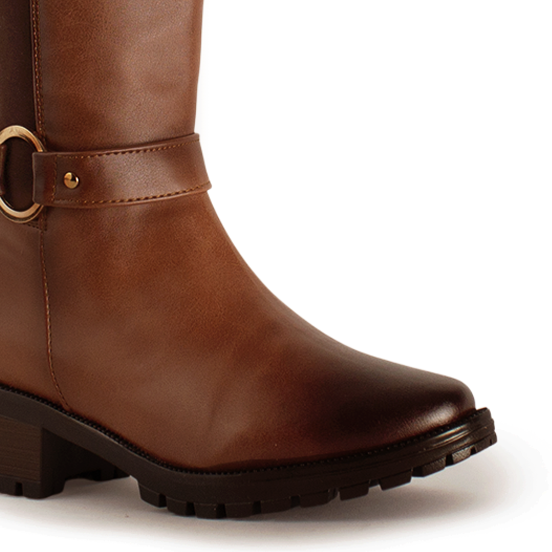 Botas Cafe Mujer Hebillas Tacón Bajo Grueso Estilo Campera Moda 3402893