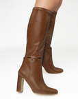 Bota Cafe Alta Mujer Detalle de Hebilla Tacon Ancho Alto  3430049