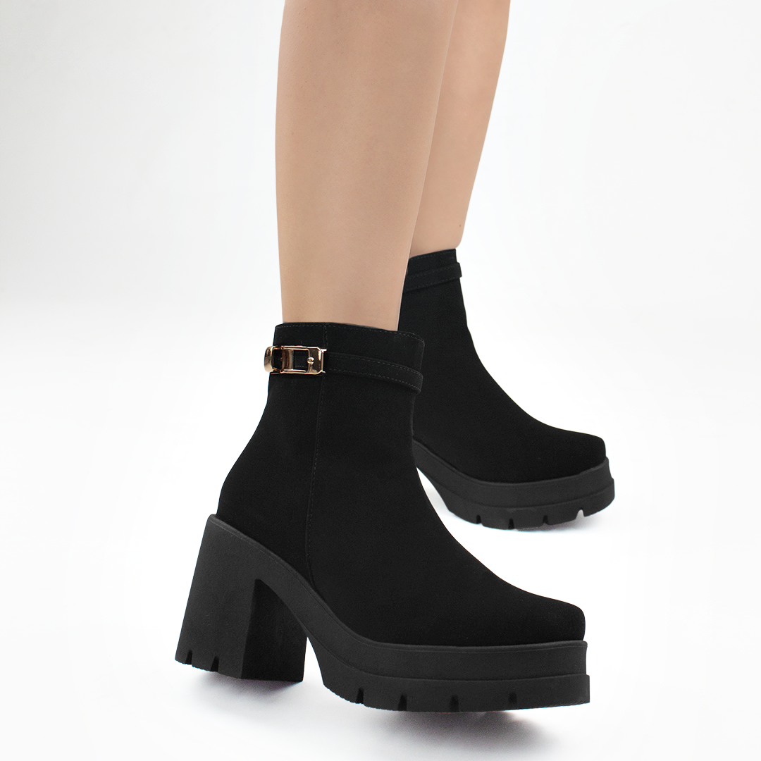 Punta Cuadrada Botines De Tacon Ancho Negro Plataforma Botines