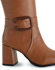 Botas Cafe Mujer Alta Hebilla Casual Tacón Grueso Moda 4760099