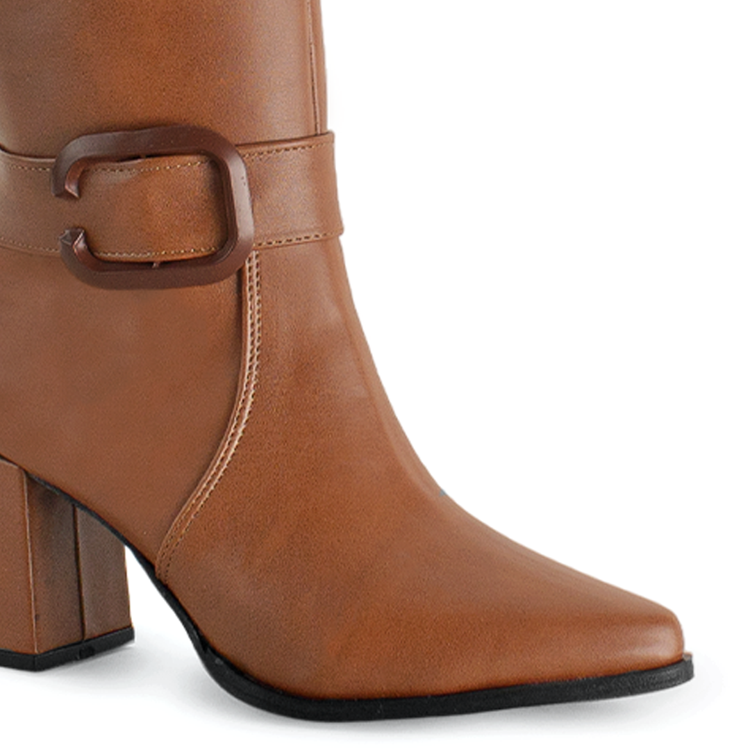 Botas Cafe Mujer Alta Hebilla Casual Tacón Grueso Moda 4760099