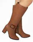 Botas Cafe Mujer Alta Hebilla Casual Tacón Grueso Moda 4760099
