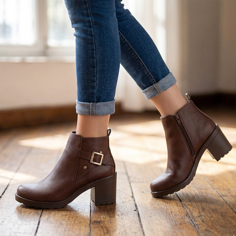 Botas cafés de tacón cuadrado con hebilla de mujer