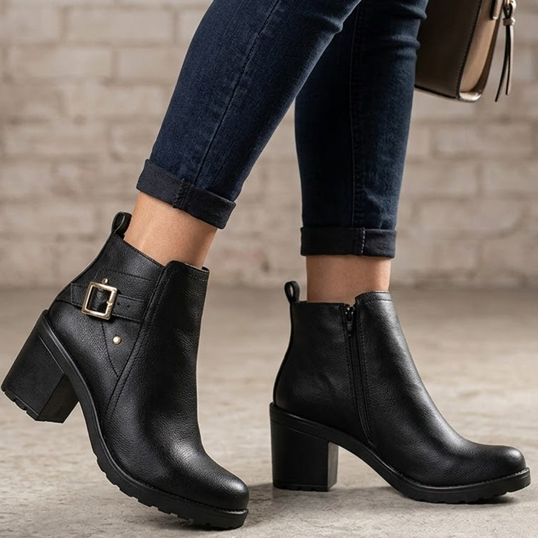 Botas negras de tacon cuadrado con hebilla de mujer