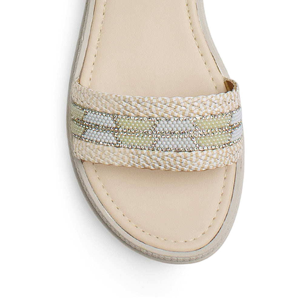 Sandalia Beige Plataforma Baja Mujer Pulsera Pedreria Moda Casual 3402988