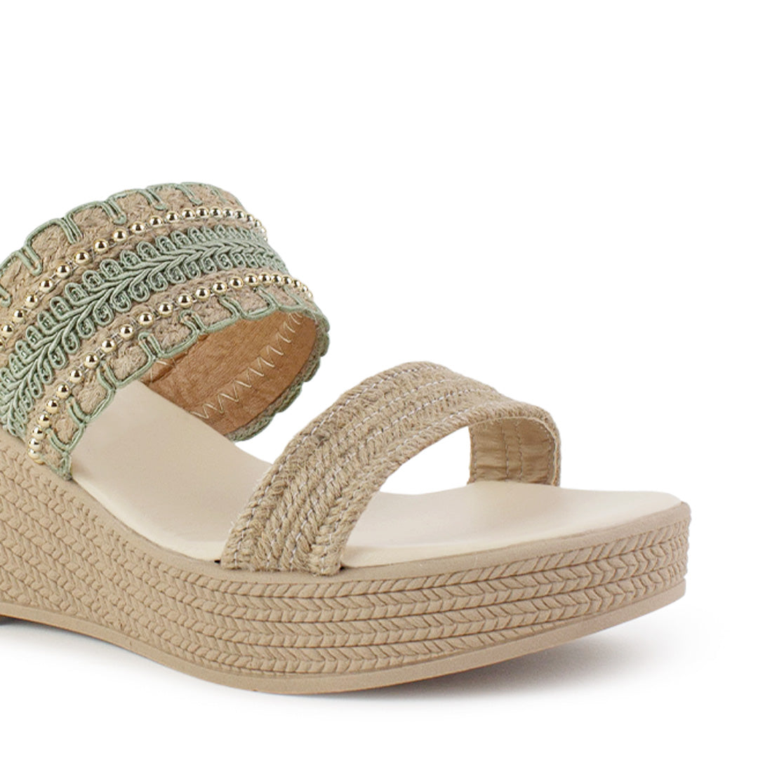 Sandalia Verde De Plataforma Dama Yute Tiras Bordadas Moda Casual 3201466