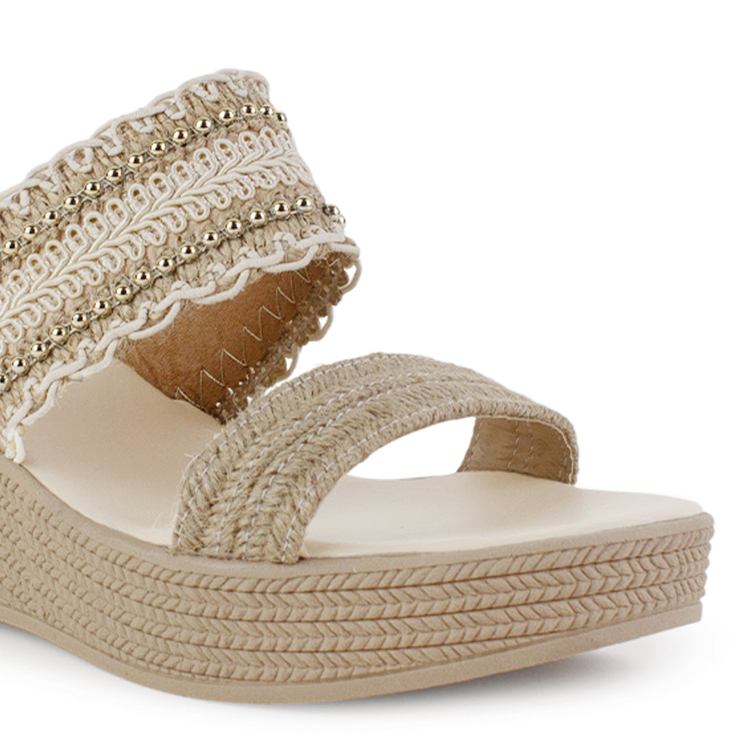 Sandalia Beige De Plataforma Dama Yute Tiras Bordadas Moda Casual 3201467