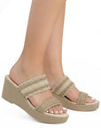 Sandalia Beige De Plataforma Dama Yute Tiras Bordadas Moda Casual 3201467