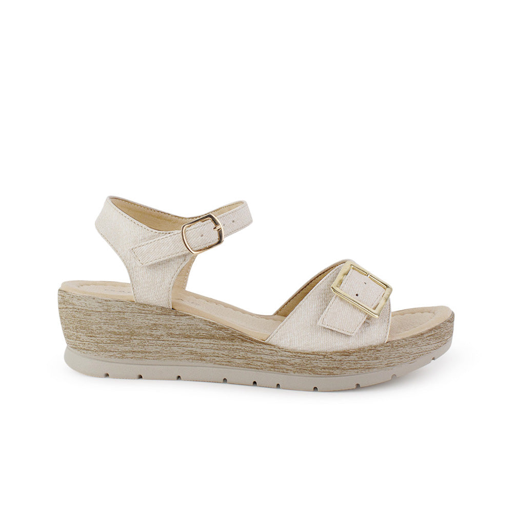 Sandalia Beige Dama Plataforma Baja Hebilla Ajustable Pulsera Moda 3690134