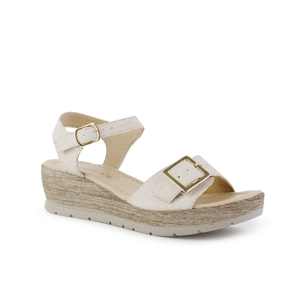 Sandalia Beige Dama Plataforma Baja Hebilla Ajustable Pulsera Moda 3690134