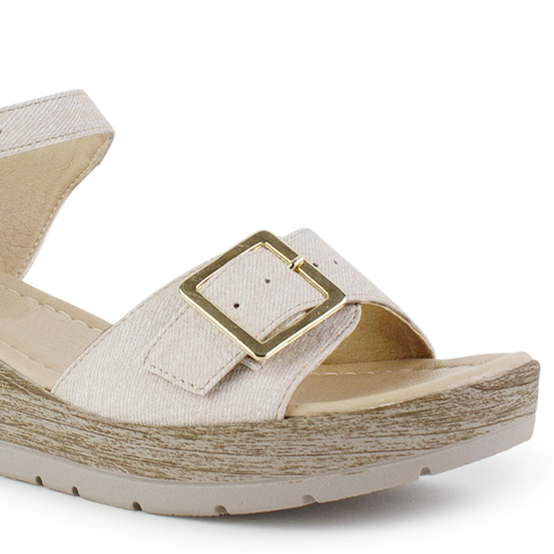 Sandalia Beige Dama Plataforma Baja Hebilla Ajustable Pulsera Moda 3690134