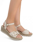 Sandalia Beige Dama Plataforma Baja Hebilla Ajustable Pulsera Moda 3690134