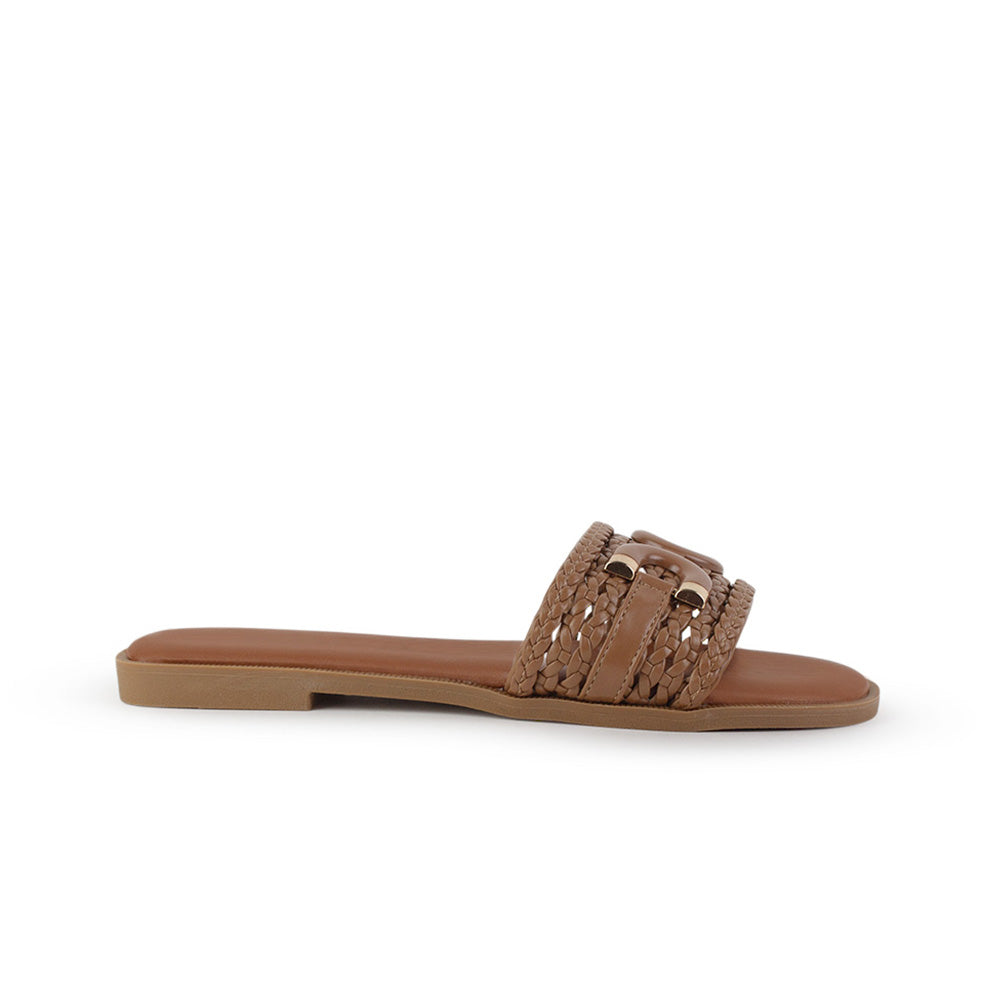 Sandalia Cafe Dama Plana Tejido Trenzado Hebilla Moda Casual 4900016