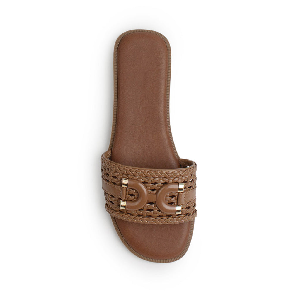 Sandalia Cafe Dama Plana Tejido Trenzado Hebilla Moda Casual 4900016
