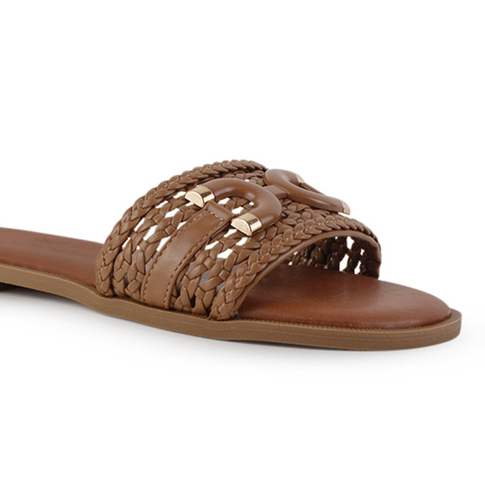 Sandalia Cafe Dama Plana Tejido Trenzado Hebilla Moda Casual 4900016