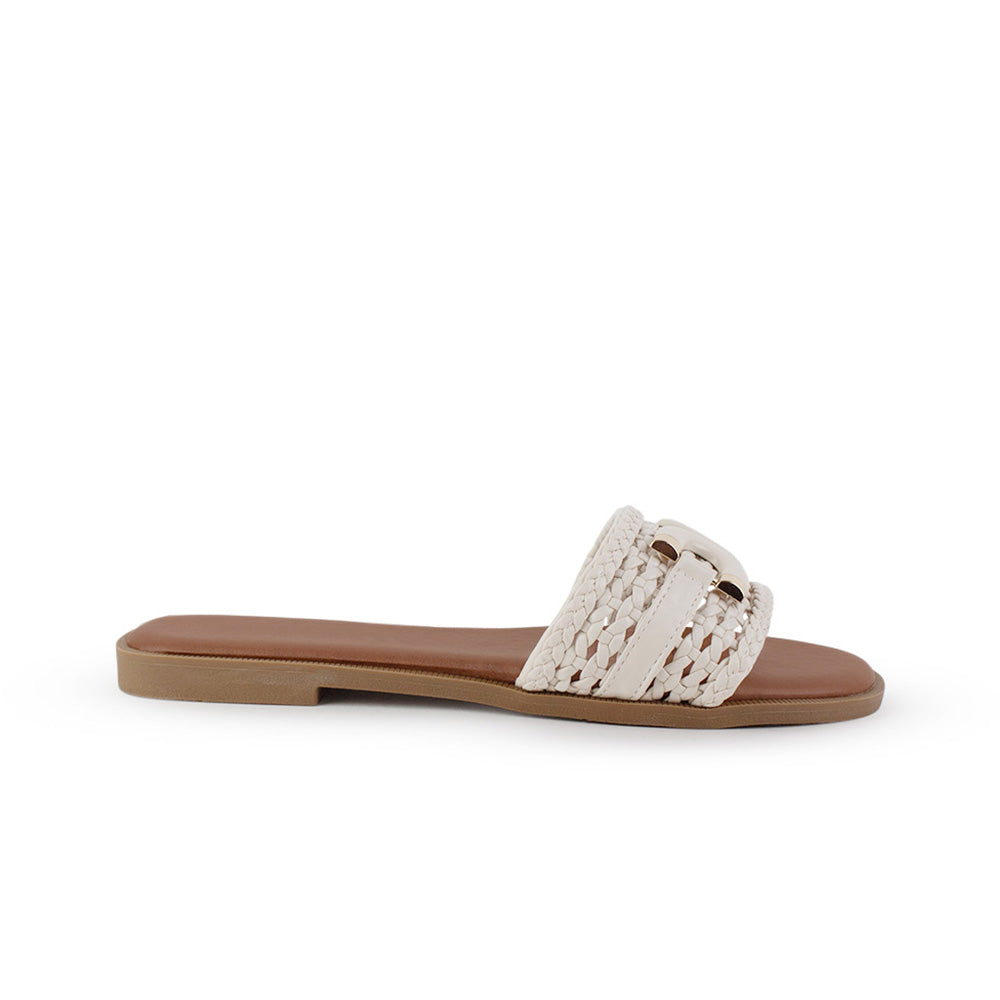 Sandalia Blanco Dama Plana Tejido Trenzado Hebilla Moda Casual 4900018