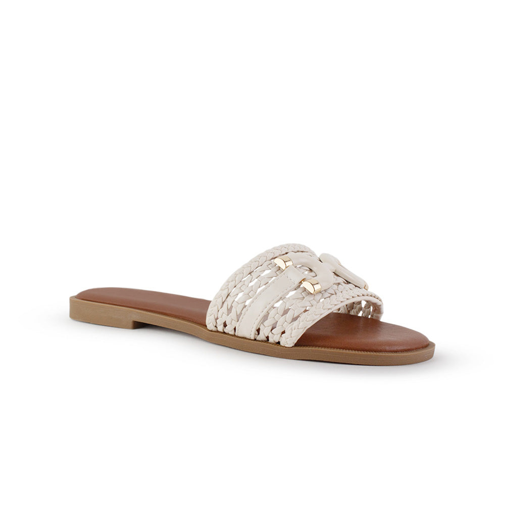 Sandalia Blanco Dama Plana Tejido Trenzado Hebilla Moda Casual 4900018