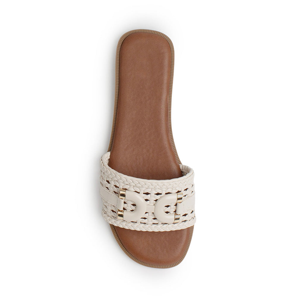 Sandalia Blanco Dama Plana Tejido Trenzado Hebilla Moda Casual 4900018