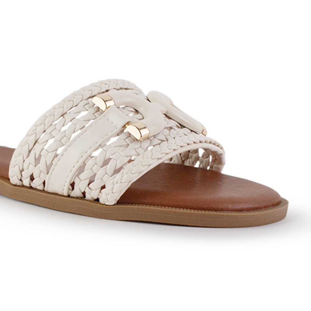 Sandalia Blanco Dama Plana Tejido Trenzado Hebilla Moda Casual 4900018
