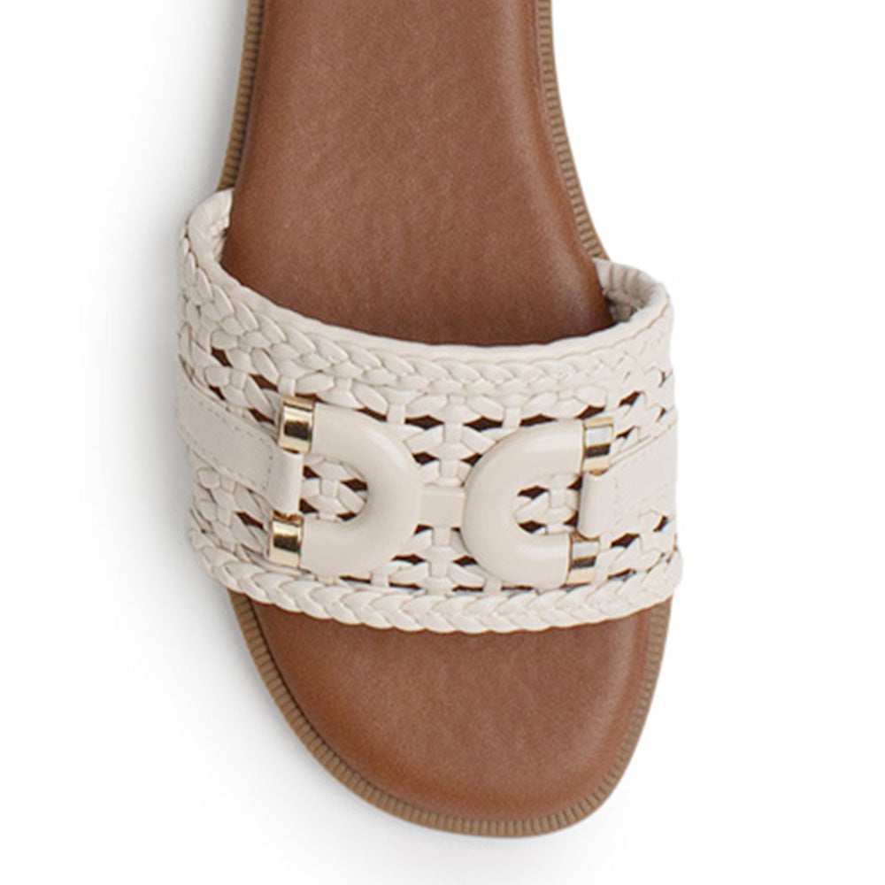Sandalia Blanco Dama Plana Tejido Trenzado Hebilla Moda Casual 4900018