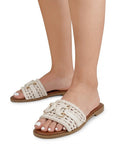 Sandalia Blanco Dama Plana Tejido Trenzado Hebilla Moda Casual 4900018