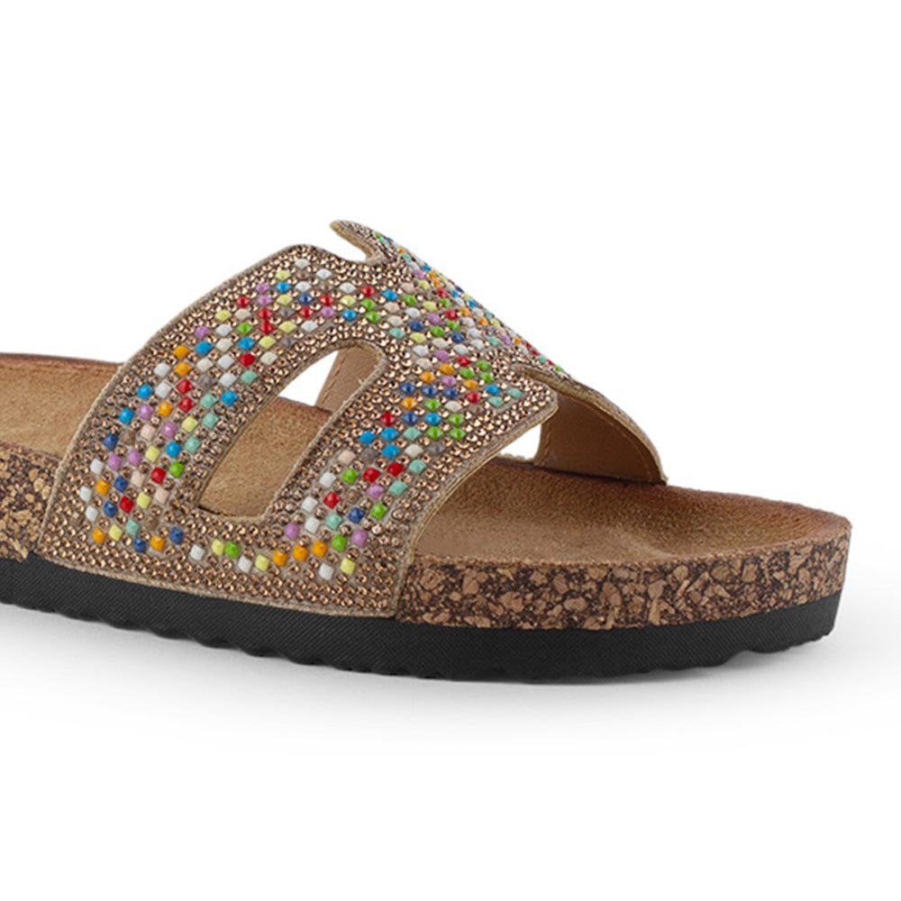 Sandalia Cafe Plana Dama Tiras Con Pedreria Moda Casual Comoda 4900020