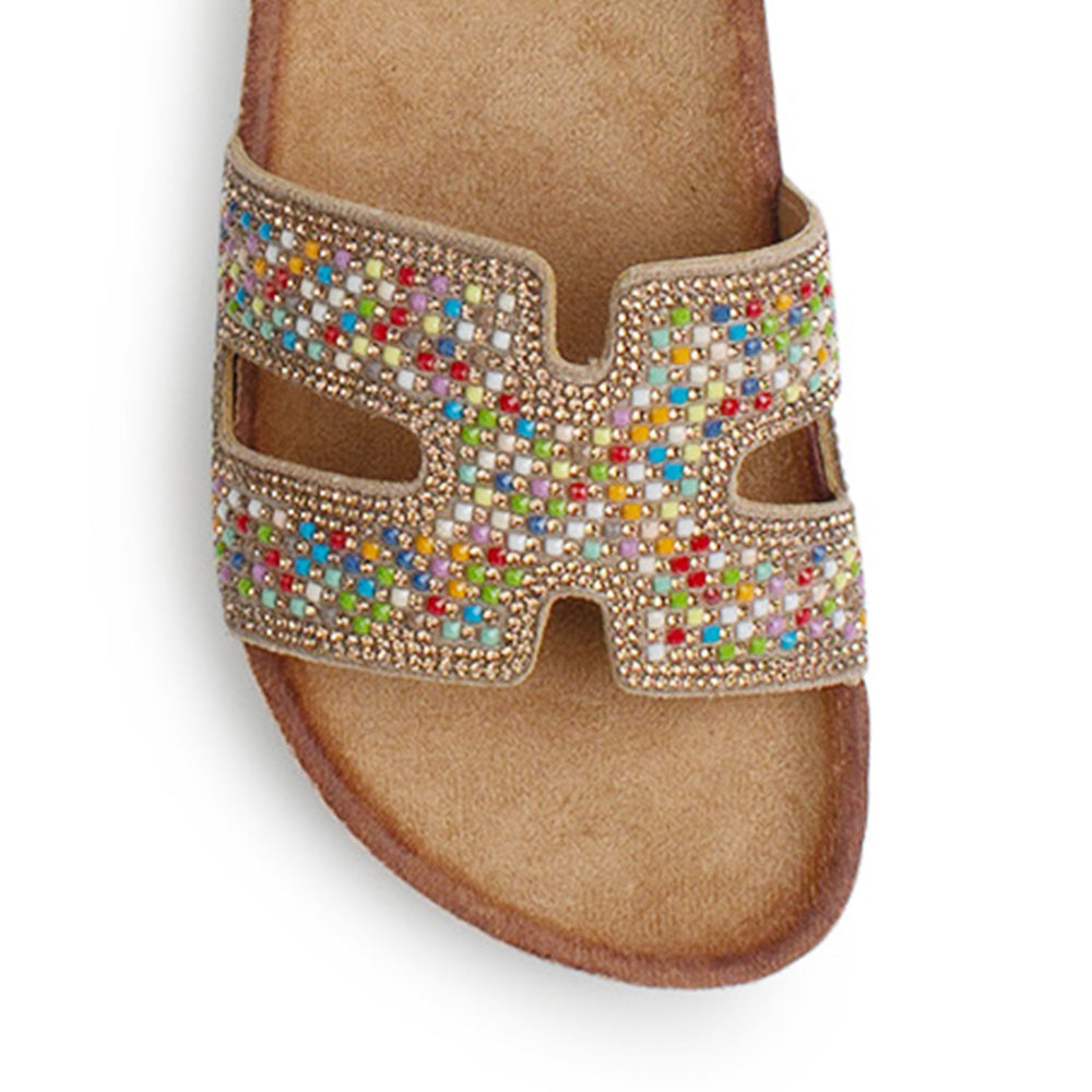 Sandalia Cafe Plana Dama Tiras Con Pedreria Moda Casual Comoda 4900020