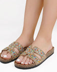Sandalia Cafe Plana Dama Tiras Con Pedreria Moda Casual Comoda 4900020