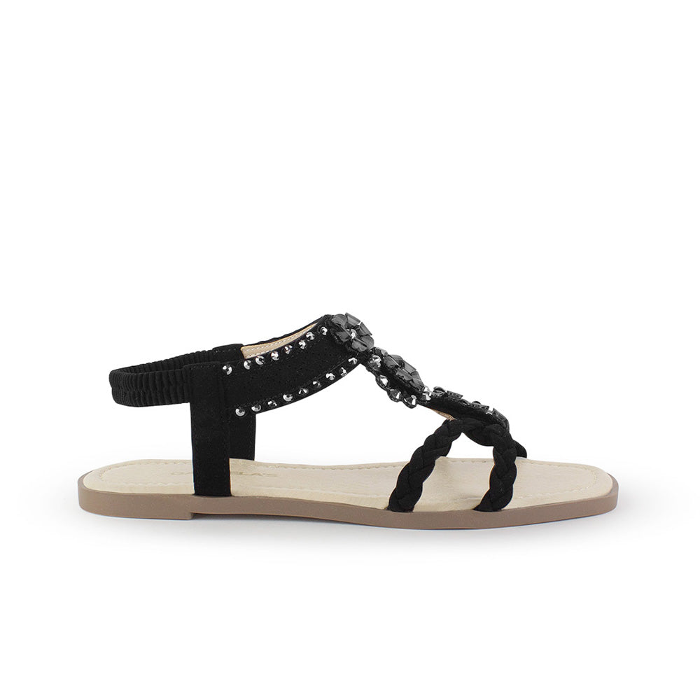 Sandalia Negro Mujer Casual Pedreria Tiras Cruzadas Trenzadas Moda 530620