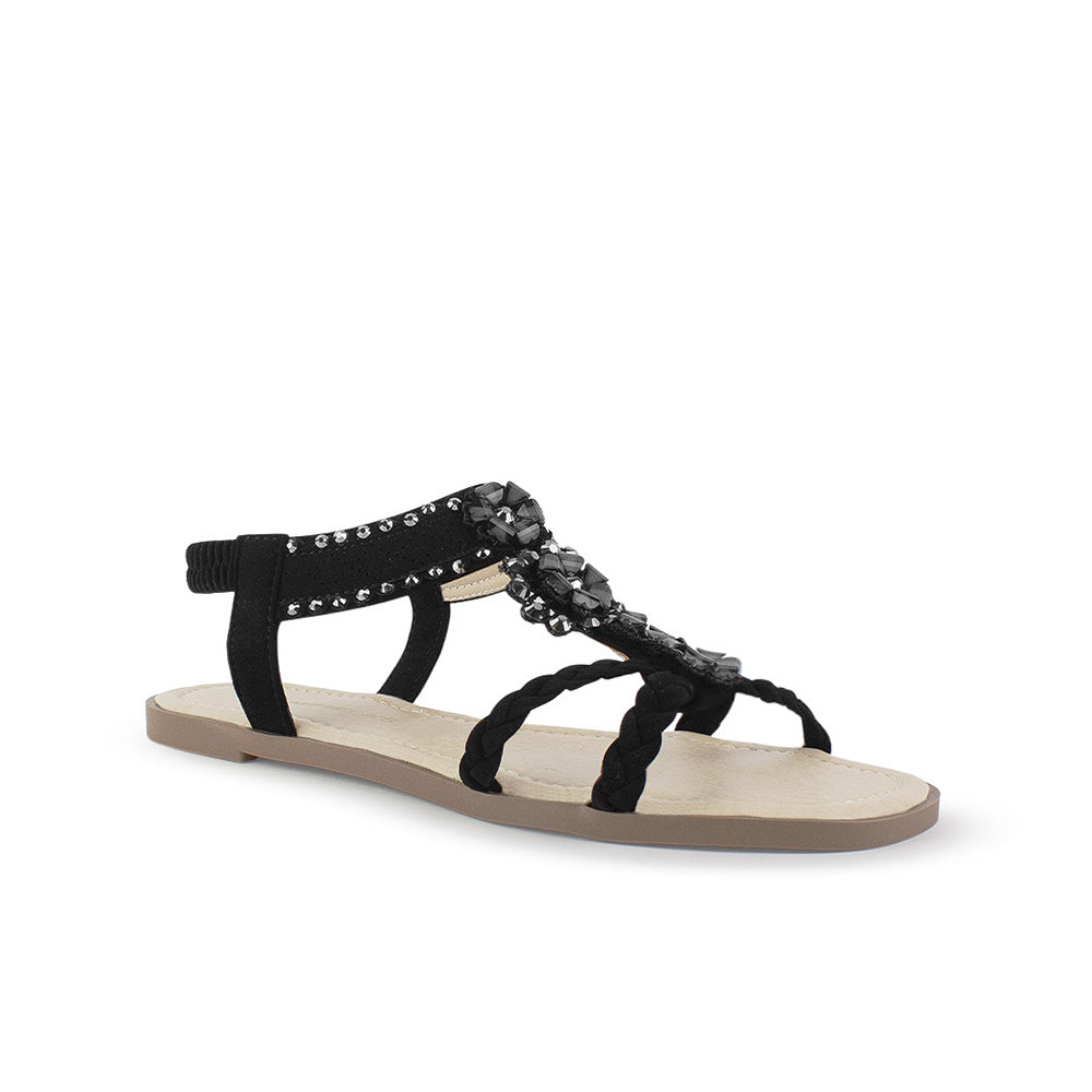 Sandalia Negro Mujer Casual Pedreria Tiras Cruzadas Trenzadas Moda 530620