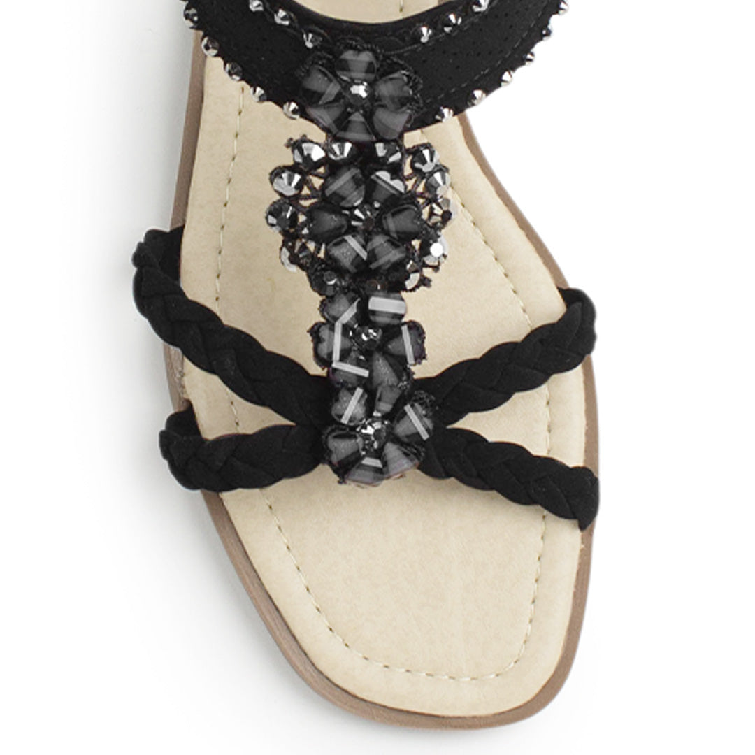 Sandalia Negro Mujer Casual Pedreria Tiras Cruzadas Trenzadas Moda 530620