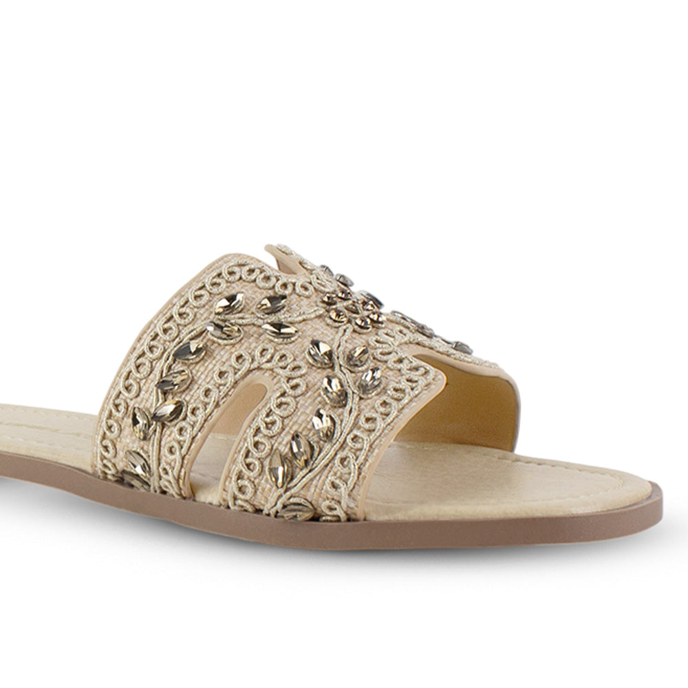 Sandalias Beige Mujer Moda Pedreria Diseño Bordado Elegante Plana 530622