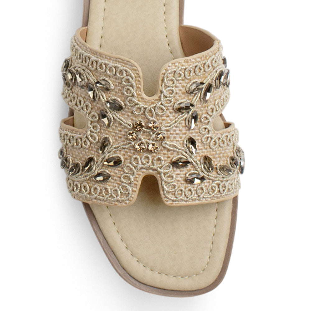 Sandalias Beige Mujer Moda Pedreria Diseño Bordado Elegante Plana 530622