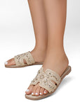 Sandalias Beige Mujer Moda Pedreria Diseño Bordado Elegante Plana 530622