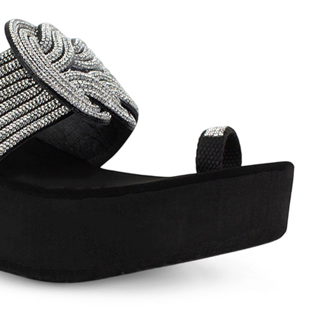 Sandalia Negro Dama Brillos Tiras Moda Dedo Pedria Elegante 3201428