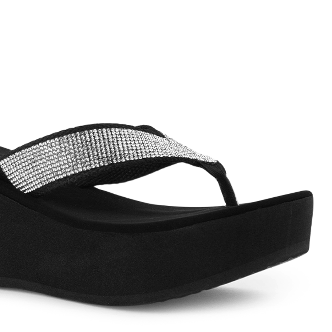 Sandalia Negro Plata Moda Empeine Decorado Brillos Plataforma Moda 3201431