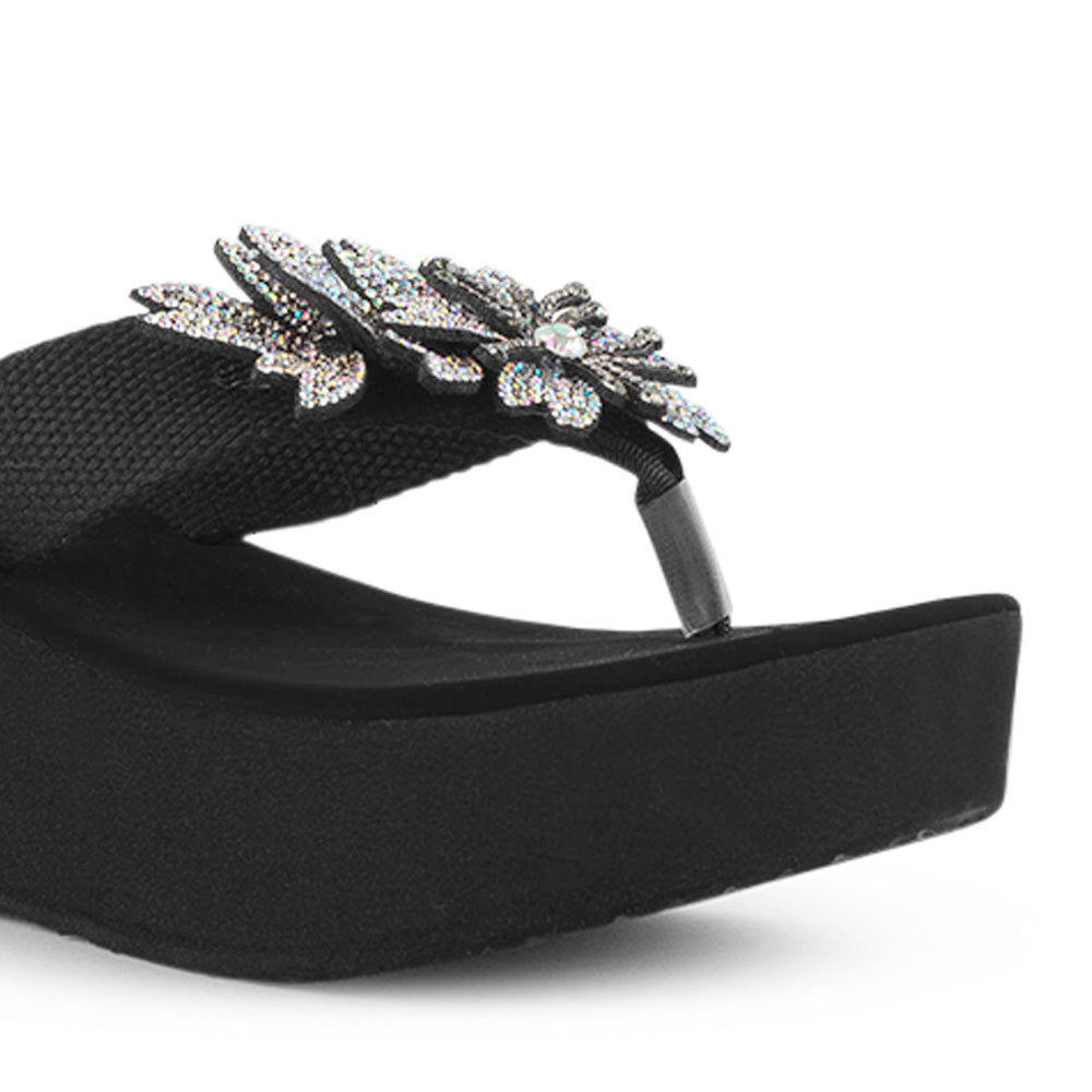 Sandalia Negro Flor de Pedreria Mujer Moda Verano Elegante 3201436
