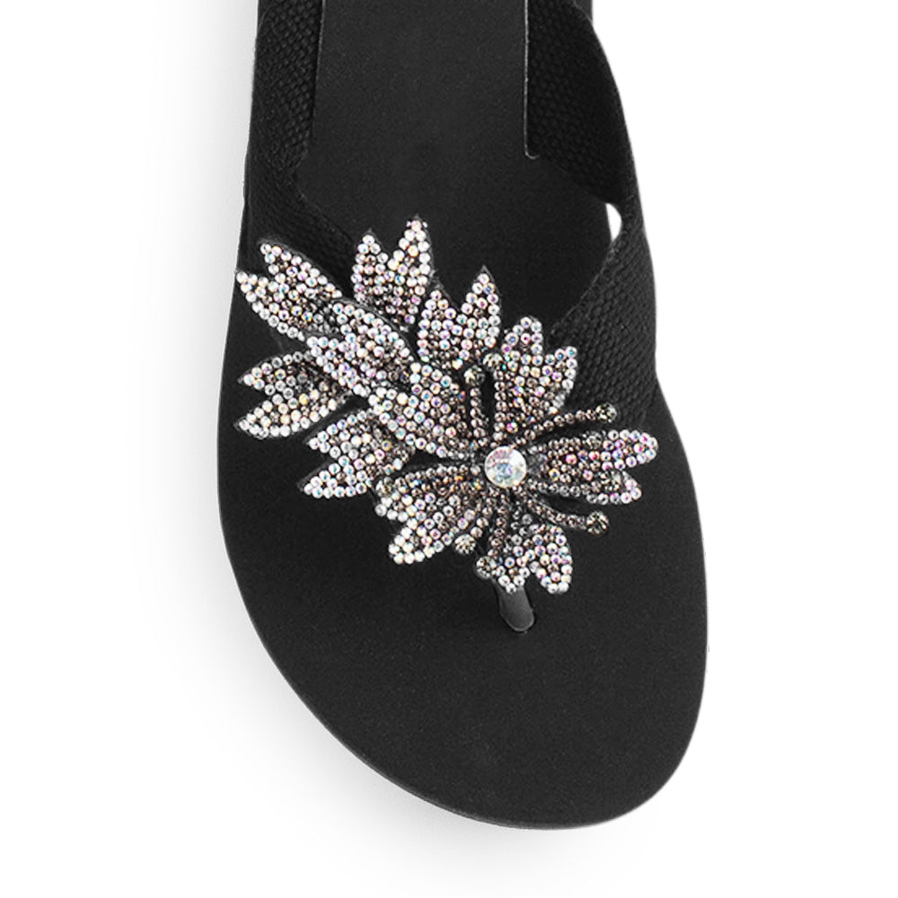 Sandalia Negro Flor de Pedreria Mujer Moda Verano Elegante 3201436